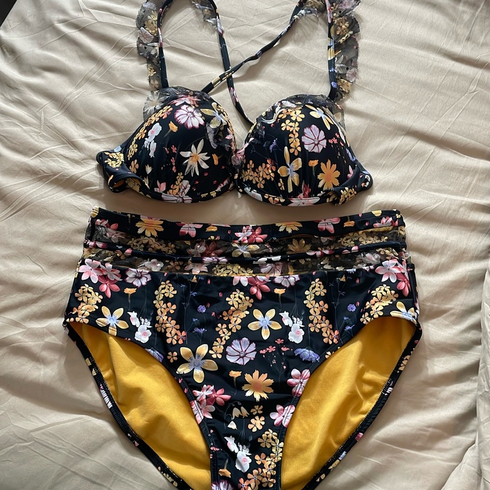 Time and Tru Floral Bikini - Black and Yellow